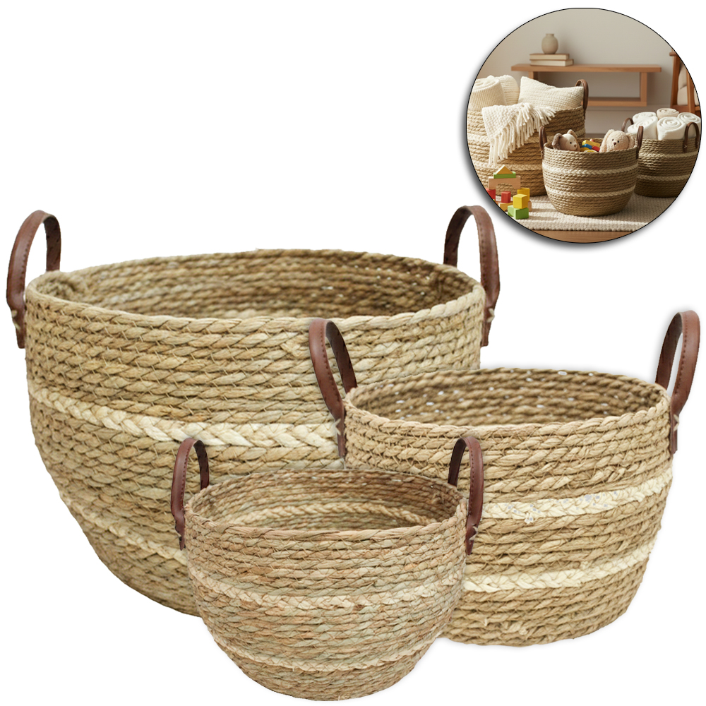 CESTO DE PALHA REDONDO MULTIUSO COM ALCA 3 PECAS