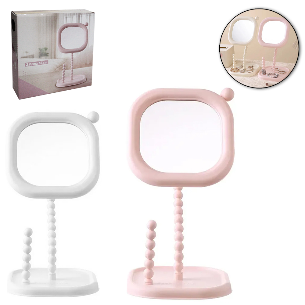 ESPELHO DE MESA QUADRADO COM BASE PORTA JOIAS + GANCHO DE PLASTICO 29X15CM