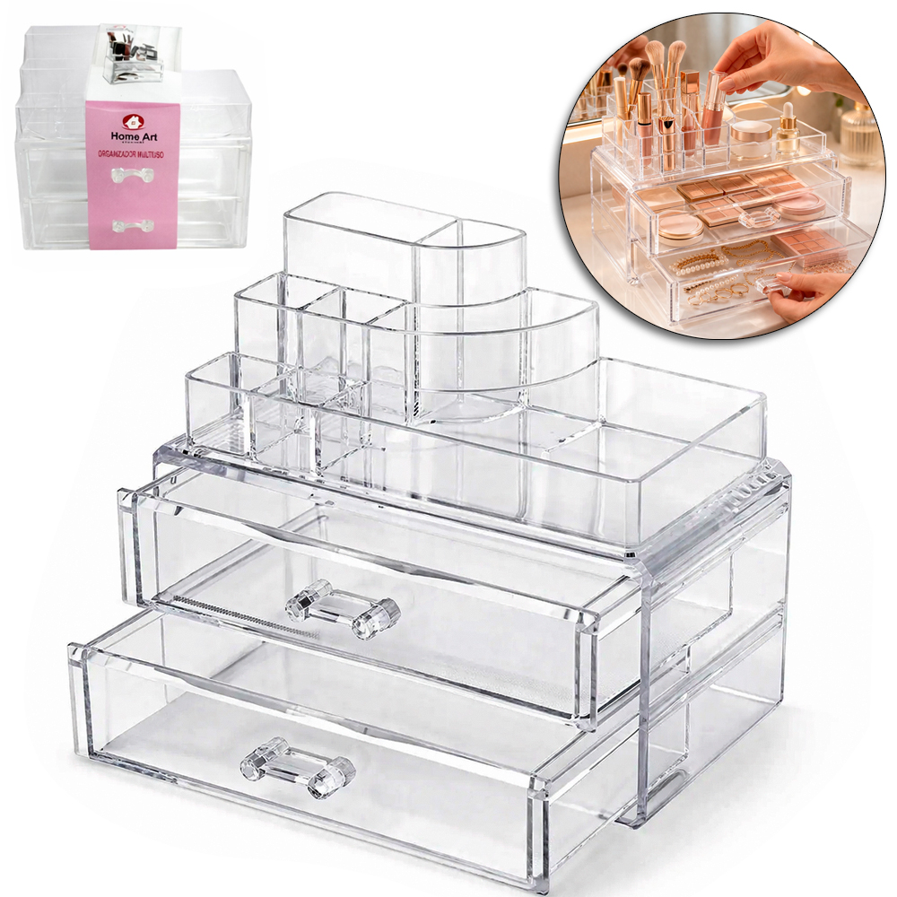 ORGANIZADOR DE COSMETICOS COM 8 CAVIDADES + 2 GAVETAS DE ACRILICO 16,5X15,5X9CM