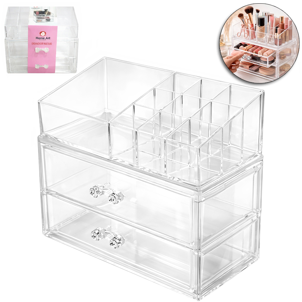 ORGANIZADOR DE COSMETICOS COM 10 CAVIDADES + 2 GAVETAS DE ACRILICO 16,5X15X9CM