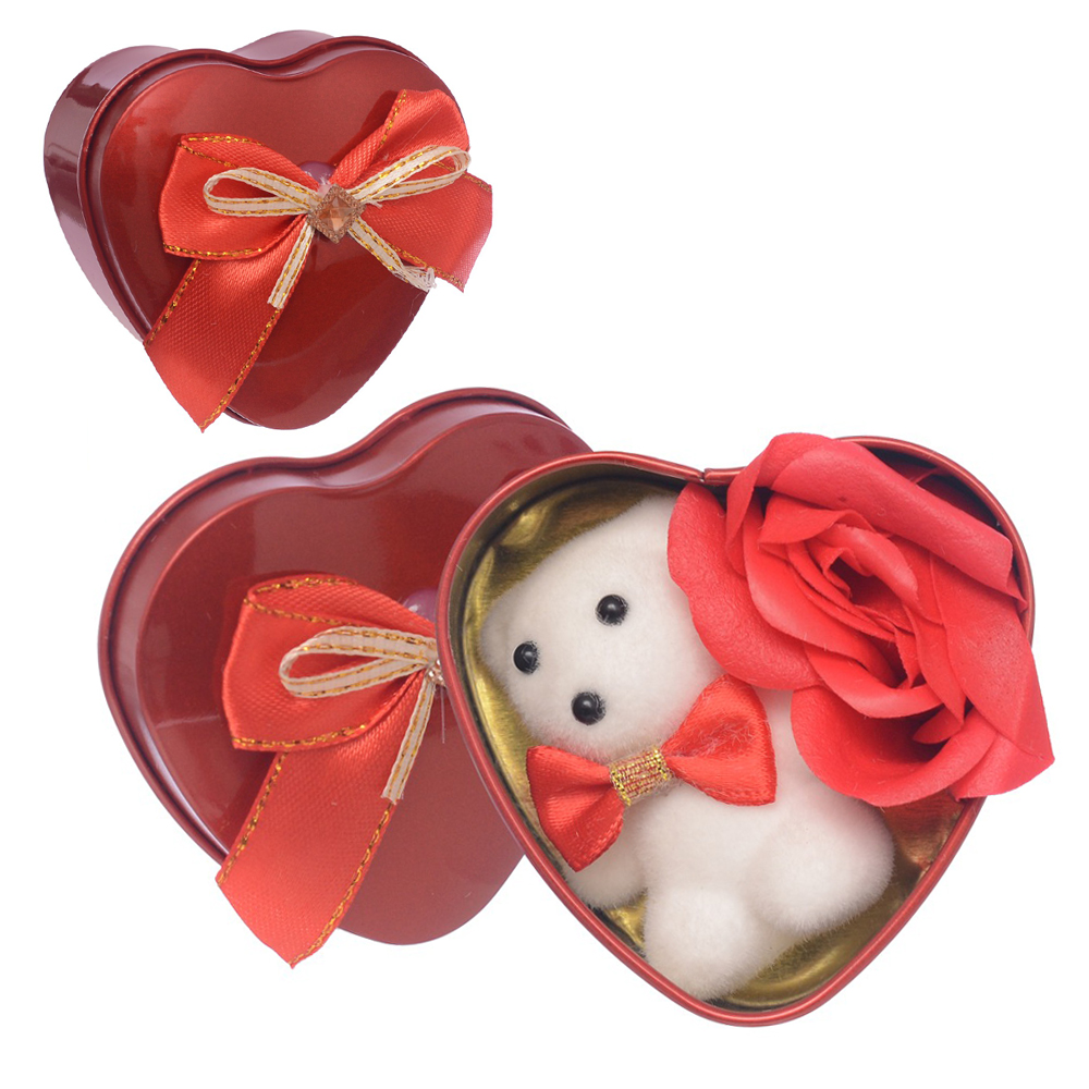 CAIXA CORACAO DE METAL PARA PRESENTE COM LACO + URSO + FLOR ARTIFICIAL / BOTAO DE ROSA