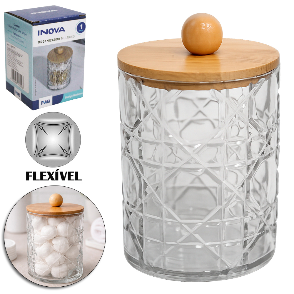 ORGANIZADOR PORTA COTONETE DE PLASTICO PET FLEXIVEL REDONDO MULTIUSO COM TAMPA DE BAMBU INOVA 10,8X7CM DE Ø