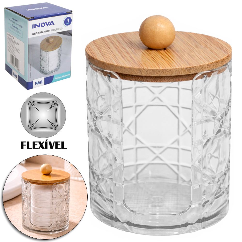 ORGANIZADOR PORTA DISCO DE ALGODAO DE PLASTICO PET FLEXIVEL REDONDO MULTIUSO COM TAMPA DE BAMBU INOVA 10,8X7CM DE Ø 