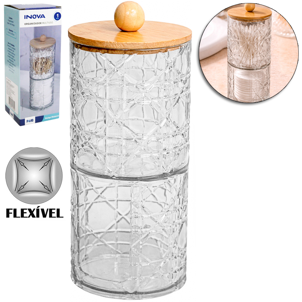 ORGANIZADOR PORTA DISCO DE ALGODAO / COTONETE DE PLASTICO PET FLEXIVEL REDONDO MULTIUSO COM TAMPA BAMBU INOVA 19X7CM DE 