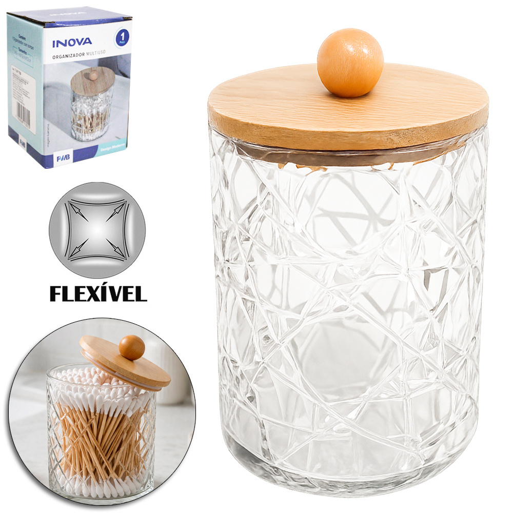 ORGANIZADOR PORTA COTONETE DE PLASTICO PET FLEXIVEL REDONDO MULTIUSO COM TAMPA DE BAMBU INOVA 12X8,5CM DE Ø