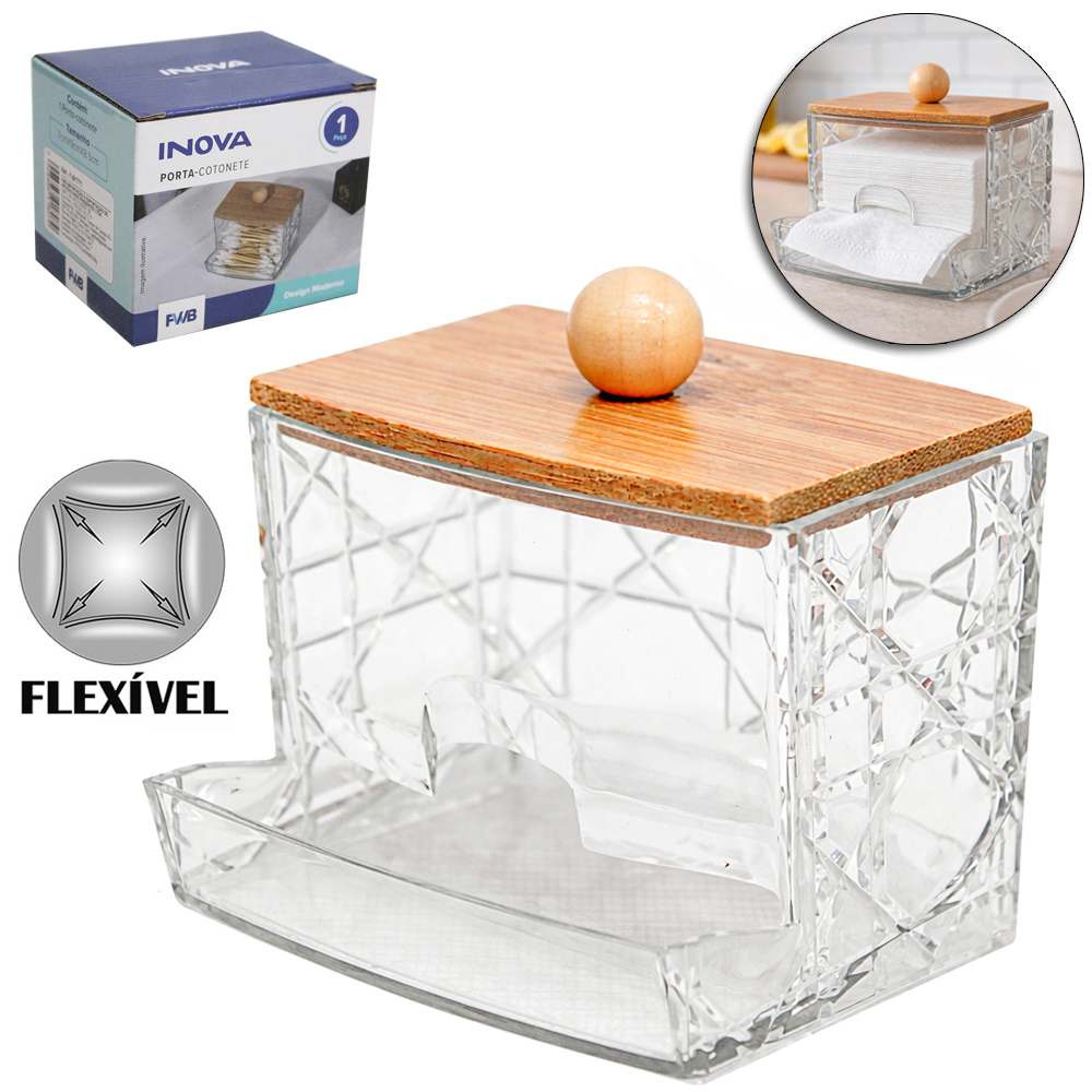 ORGANIZADOR PORTA COTONETE DE PLASTICO PET FLEXIVEL RETANGULAR COM TAMPA DE BAMBU INOVA 9X8,5X7CM 