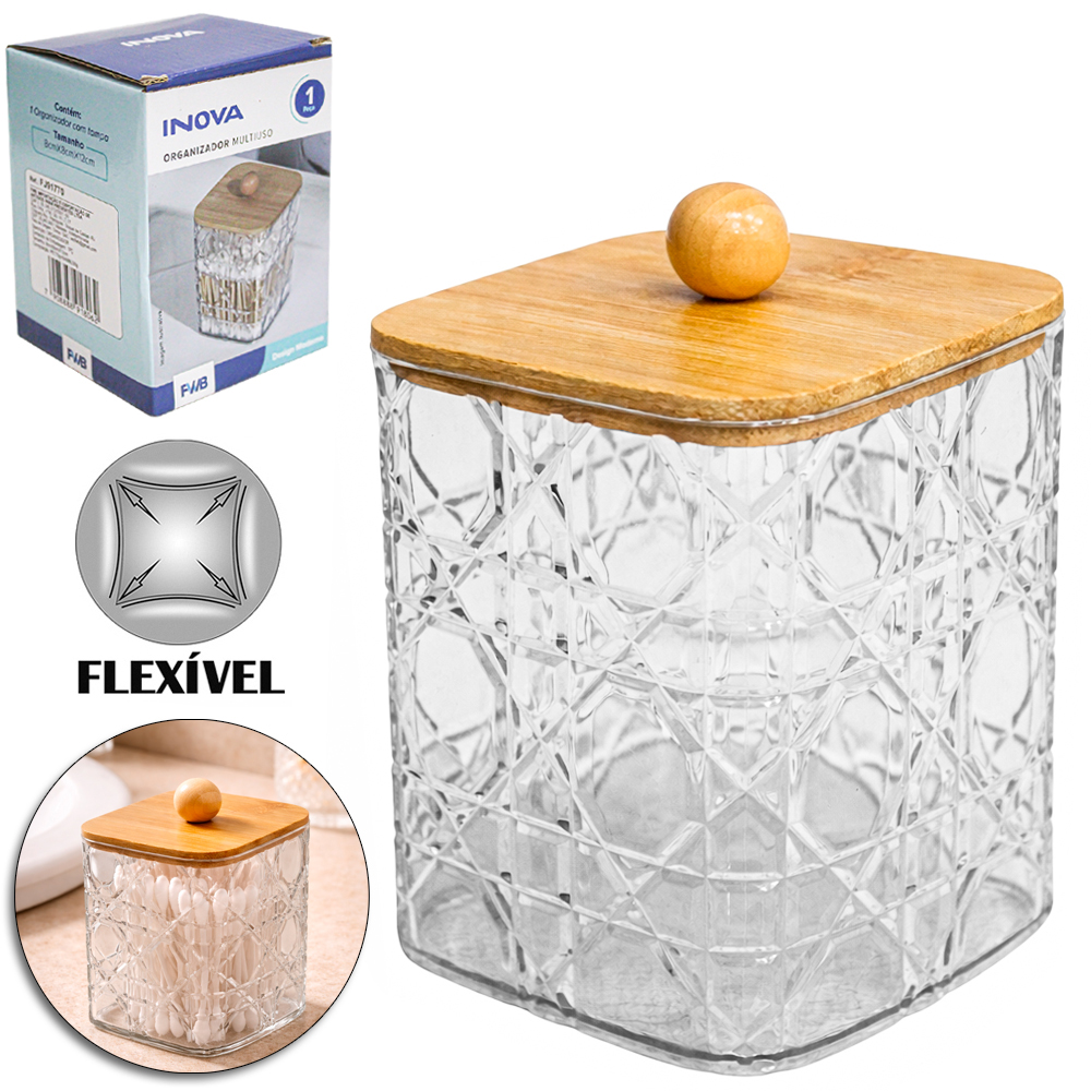 ORGANIZADOR PORTA COTONETE DE PLASTICO PET FLEXIVEL QUADRADO MULTIUSO COM TAMPA DE BAMBU INOVA 12X8X8CM