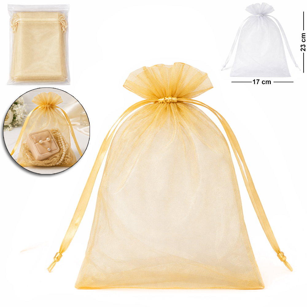 SACO DE ORGANZA DE NYLON TELADO M COM 10 PECAS 17X23CM