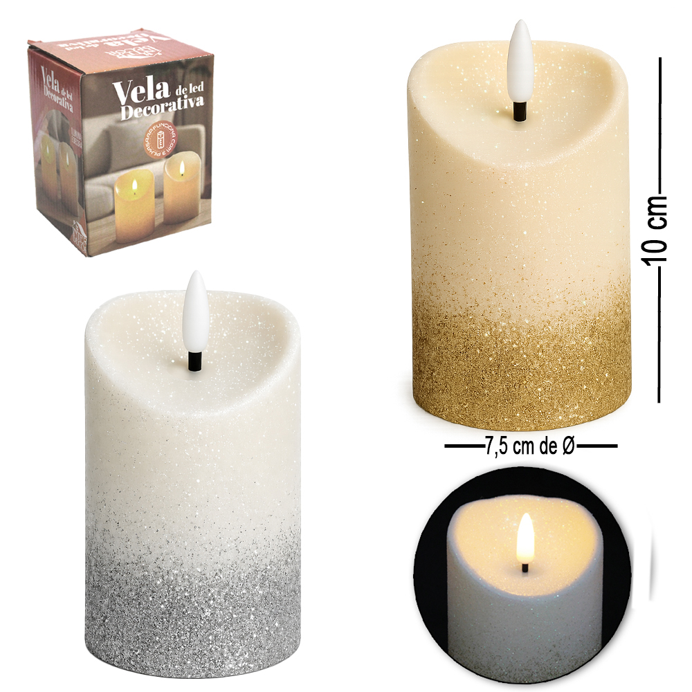 VELA DECORATIVA ELETRONICA DE LED COM GLITTER INTER DECOR A PILHA 10X7,5CM DE Ø