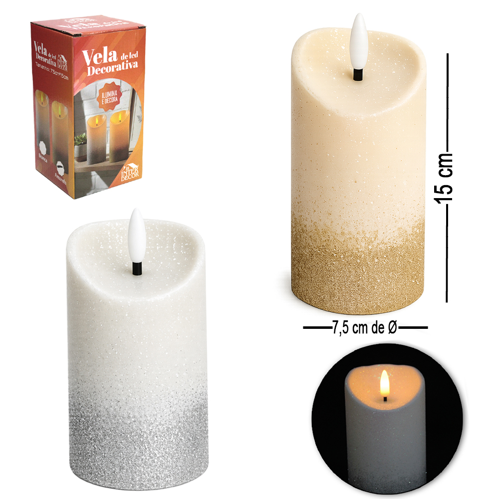 VELA DECORATIVA ELETRONICA DE LED COM GLITTER INTER DECOR A PILHA 15X7,5CM DE Ø