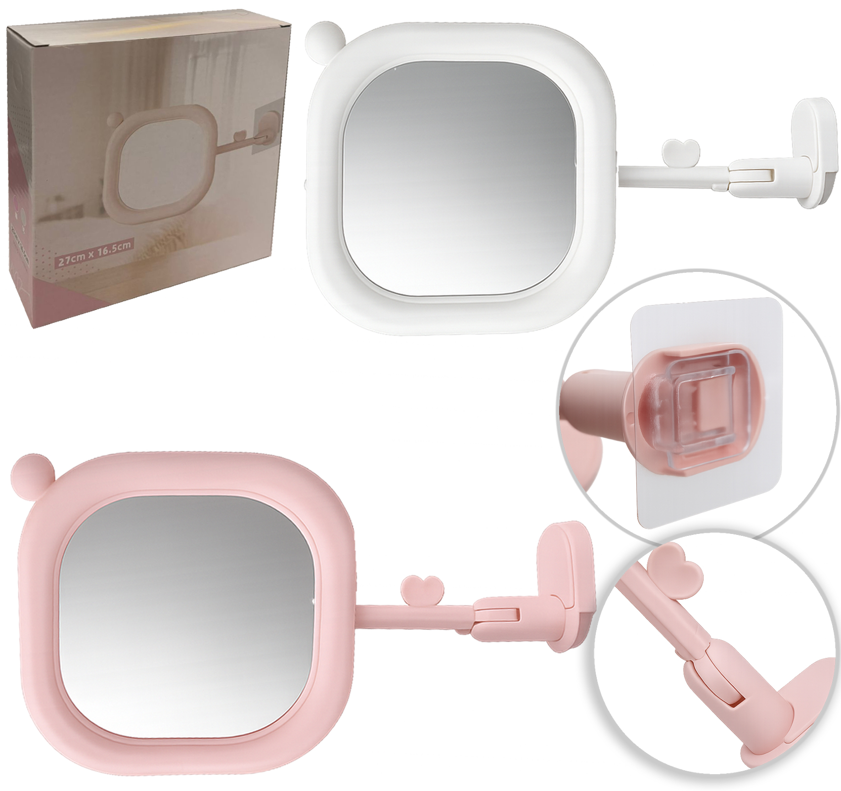 ESPELHO DE PAREDE COM MOLDURA DE PLASTICO QUADRADO ARTICULADO + AUTOADESIVO 27X16,5CM