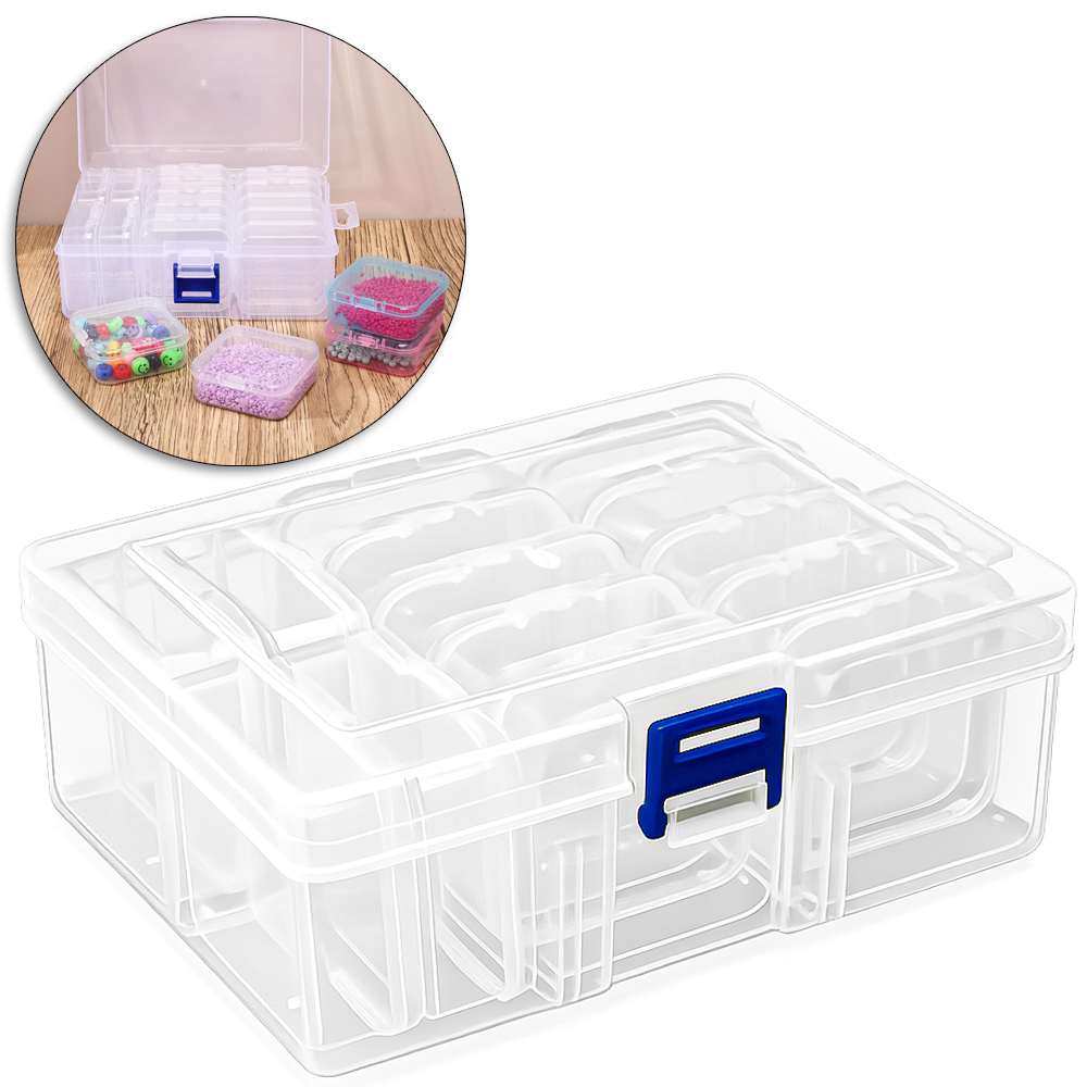 ESTOJO CAIXA ORGANIZADOR DE PLASTICO 16X11X5,5CM + 14 MINI ORGANIZADORES 5X2CM