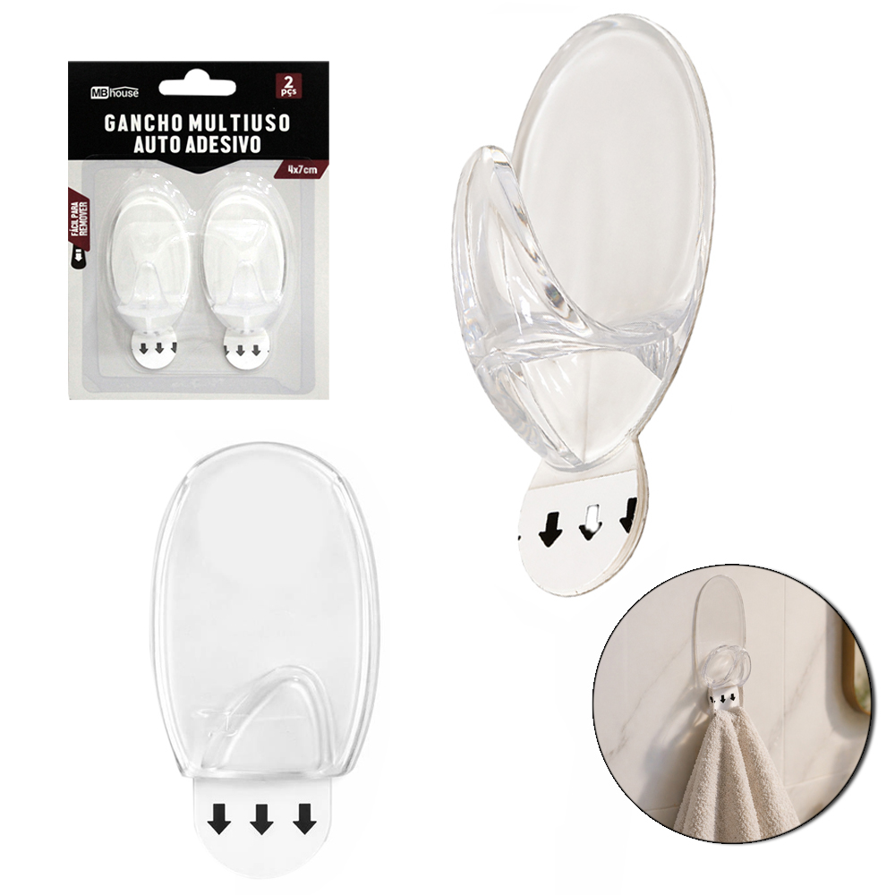 CABIDE GANCHO DE ACRILICO OVAL AUTOADESIVO COM 2 PECAS 7X4X2,5CM MB HOUSE