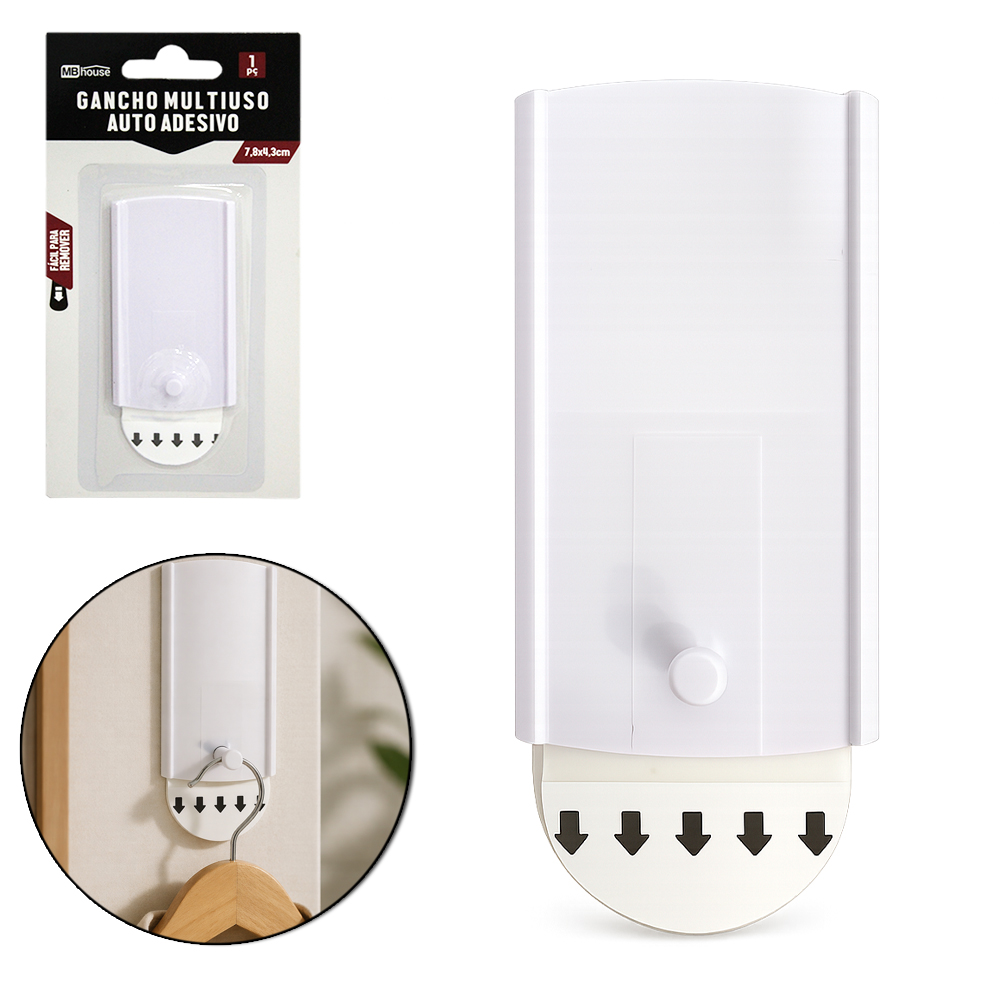 CABIDE GANCHO DE PLASTICO RETANGULAR AUTOADESIVO 7,8X4,3X1CM MB HOUSE