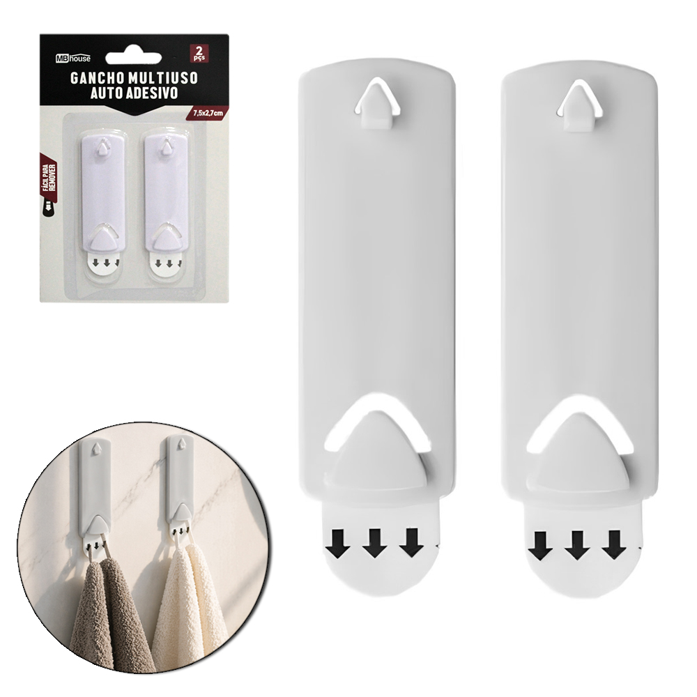 CABIDE GANCHO DE PLASTICO RETANGULAR AUTOADESIVO COM 2 PECAS 7,5X2,7X1CM MB HOUSE