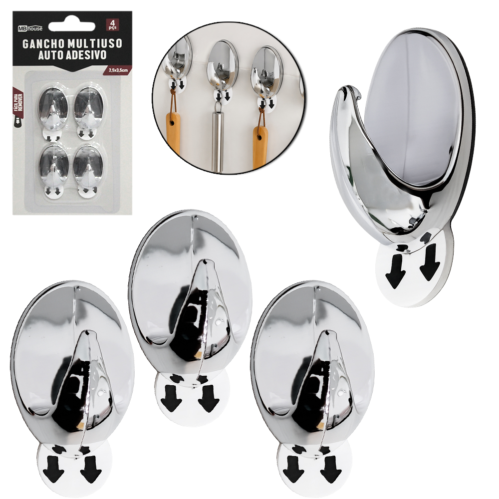 CABIDE GANCHO DE PLASTICO OVAL AUTOADESIVO COM 4 PECAS 3,5X2,5CM MB HOUSE