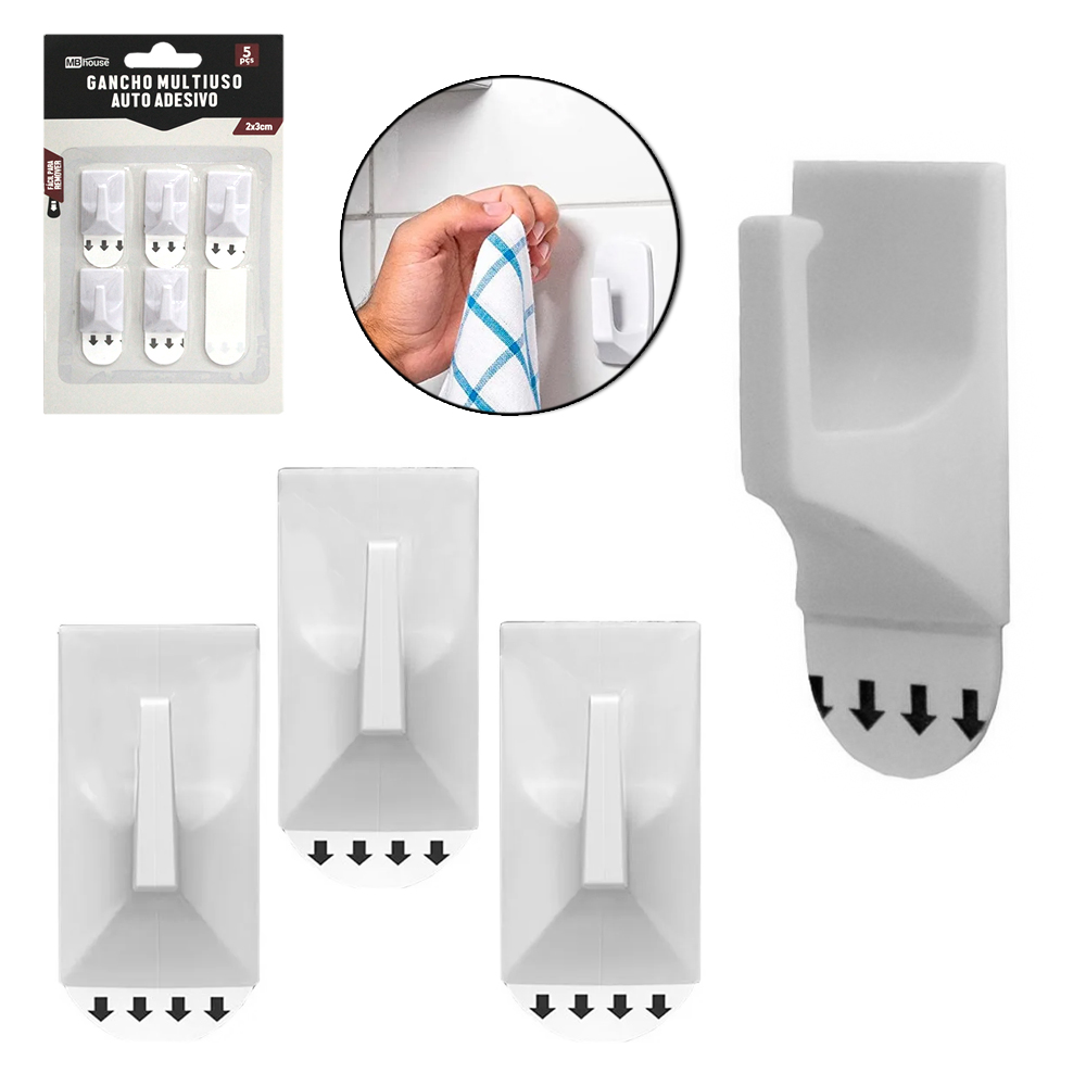 CABIDE GANCHO DE PLASTICO RETANGULAR AUTOADESIVO COM 5 PECAS 3X2X1,5CM MB HOUSE