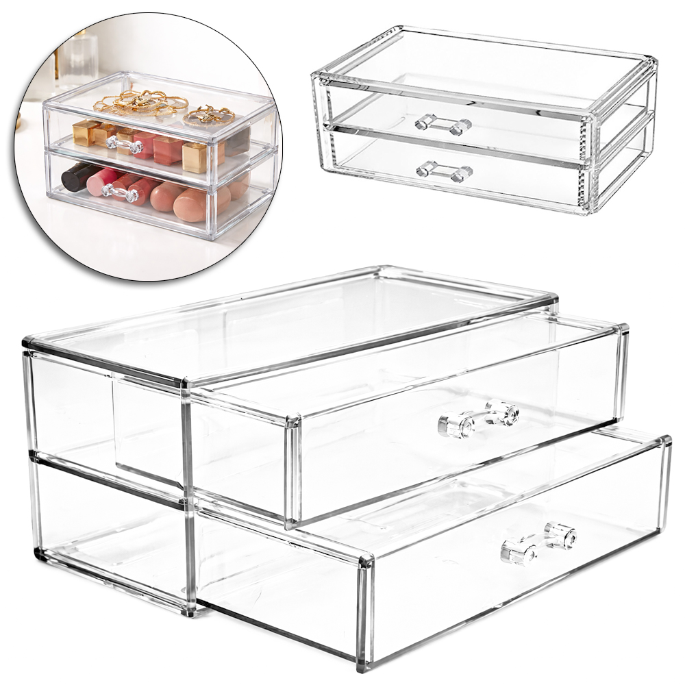 ORGANIZADOR DE ACRILICO RETANGULAR DE MESA COM 2 GAVETAS MULTIUSO 16X9X8CM