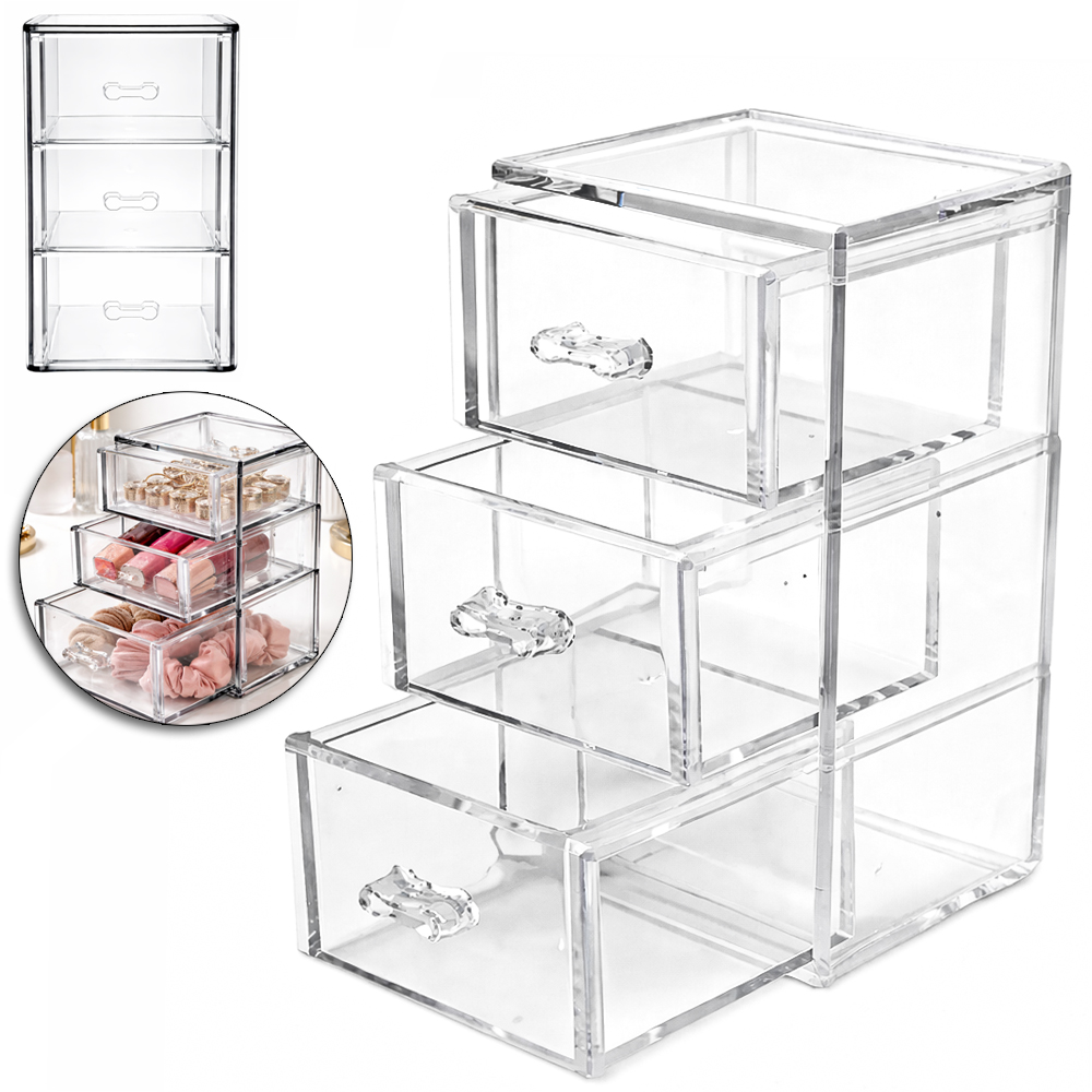 ORGANIZADOR DE ACRILICO RETANGULAR DE MESA COM 3 GAVETAS MULTIUSO 14X8X8CM