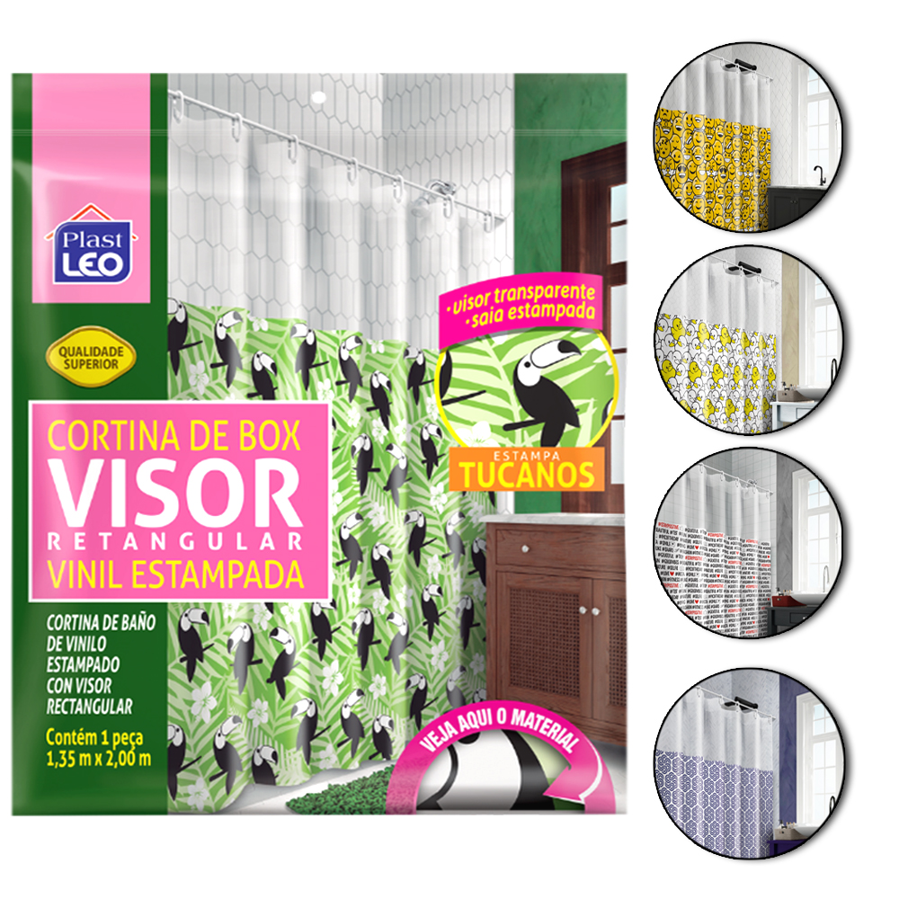 CORTINA DE BOX DE PLASTICO VINIL VISOR RETANGULAR ESTAMPADA COM 7 GANCHOS 200X135CM
