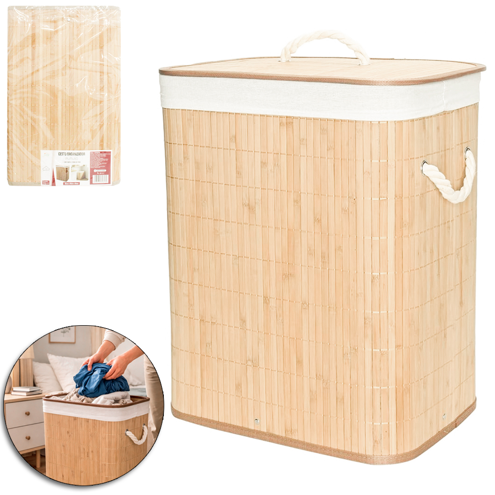 CESTO ORGANIZADOR PARA ROUPAS / ROUPEIRO DE BAMBU COM TAMPA E ALCA 50X40X30CM
