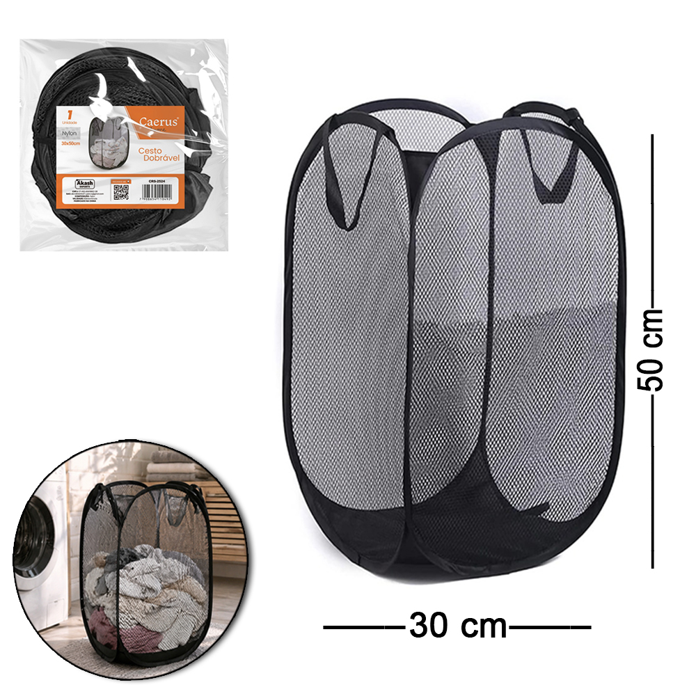 CESTO ORGANIZADOR DE NYLON DOBRAVEL TELADO COM ALCA PRETO 50X30CM