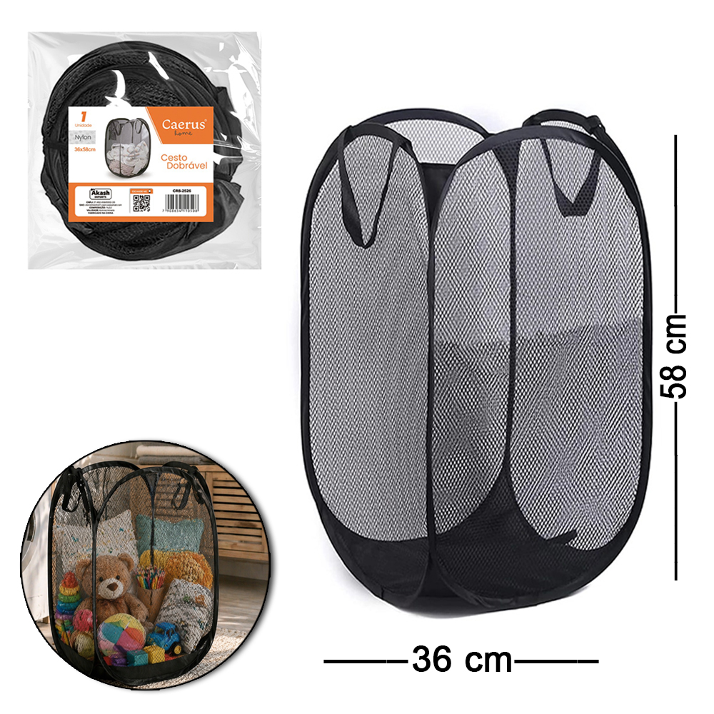 CESTO ORGANIZADOR DE NYLON DOBRAVEL TELADO COM ALCA PRETO 58X36CM