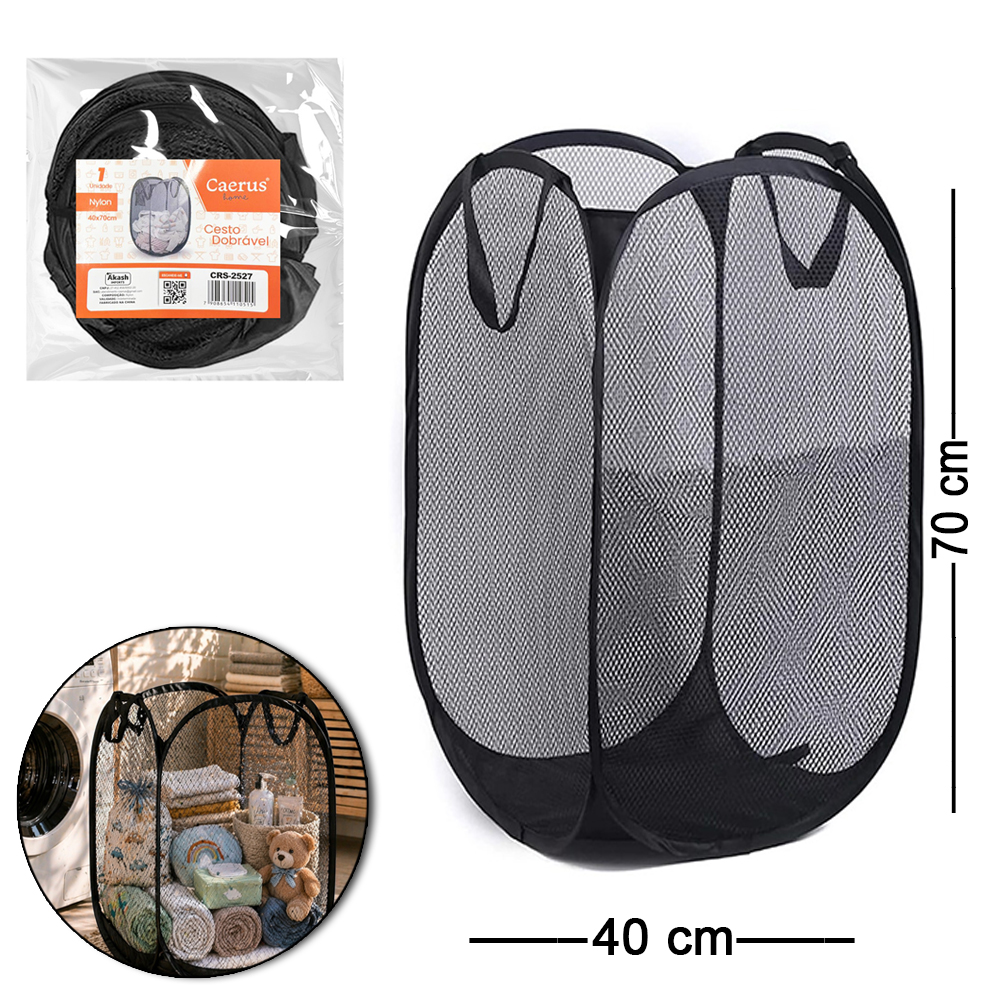 CESTO ORGANIZADOR DE NYLON DOBRAVEL TELADO COM ALCA PRETO 70X40CM