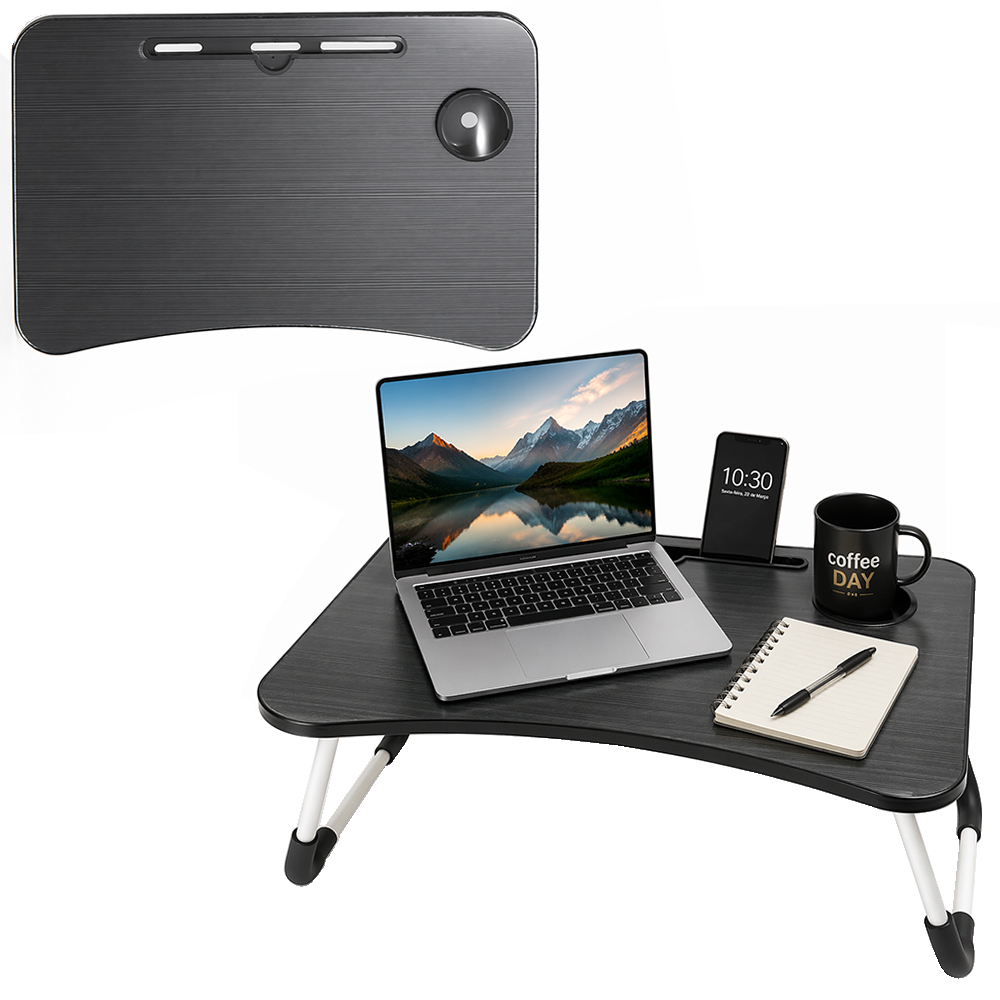 MESA SUPORTE DE MADEIRA MDF RETANGULAR PRETA PARA NOTEBOOK COM PORTA COPO + PES RETRATEIS DE METAL 60X40X28CM