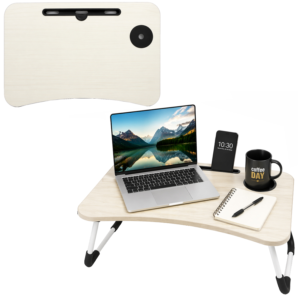 MESA SUPORTE DE MADEIRA MDF RETANGULAR BEGE PARA NOTEBOOK COM PORTA COPO + PES RETRATEIS DE METAL 60X40X28CM