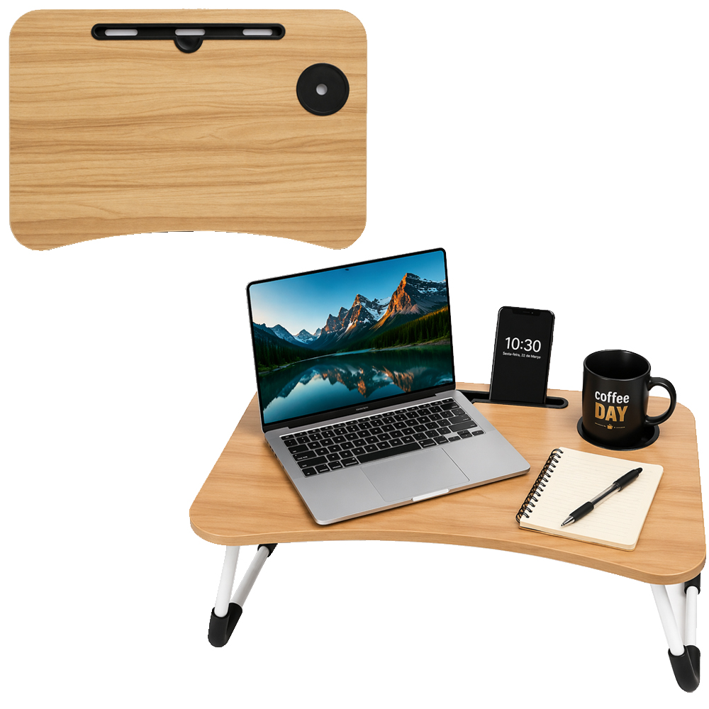 MESA SUPORTE DE MADEIRA MDF RETANGULAR MARROM PARA NOTEBOOK COM PORTA COPO + PES RETRATEIS DE METAL 60X40X28CM