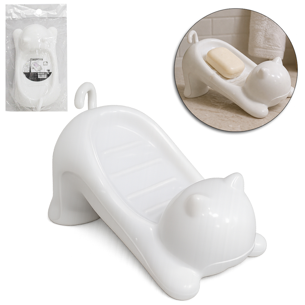 SABONETEIRA DE PIA DE PLASTICO GATINHO COM ESCORREDOR 16X10X8CM