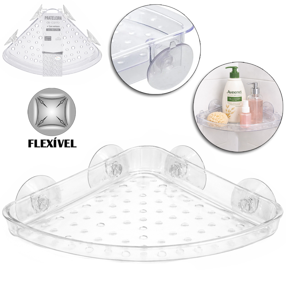 CANTONEIRA PRATELEIRA DE CANTO DE PLASTICO PET FLEXIVEL COM VENTOSA 28X18X3CM