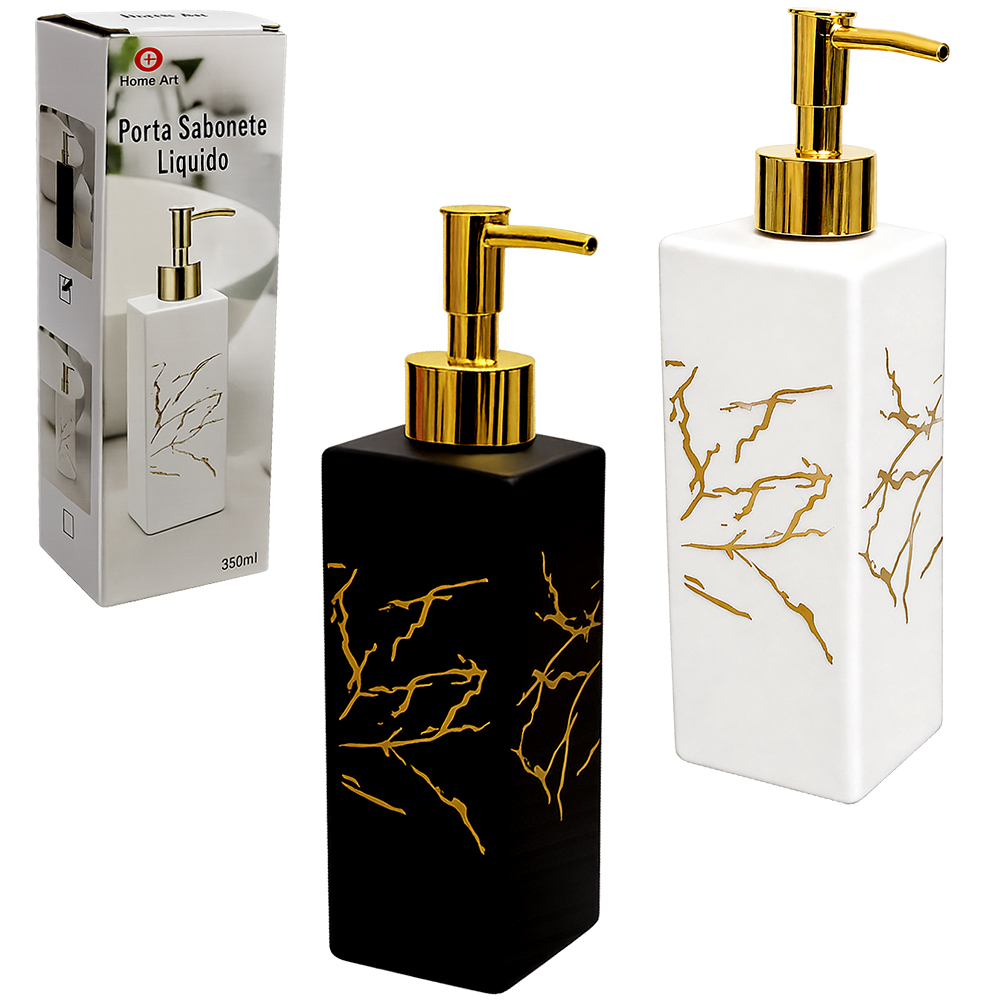 PORTA SABONETE LIQUIDO DE VIDRO QUADRADO MARMORE PRETO / BRANCO 350ML