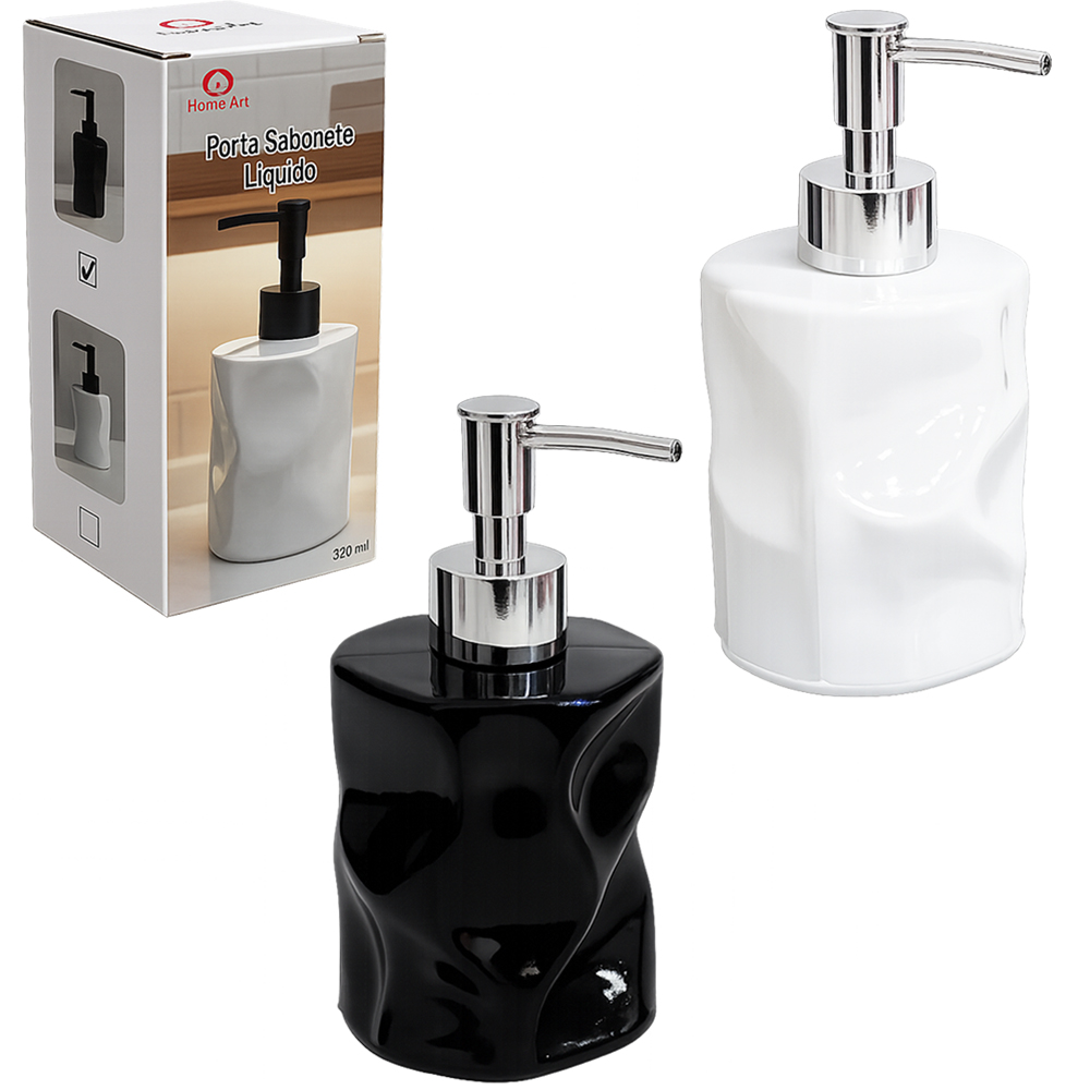 PORTA SABONETE LIQUIDO DE VIDRO REDONDO PRETO / BRANCO 320ML