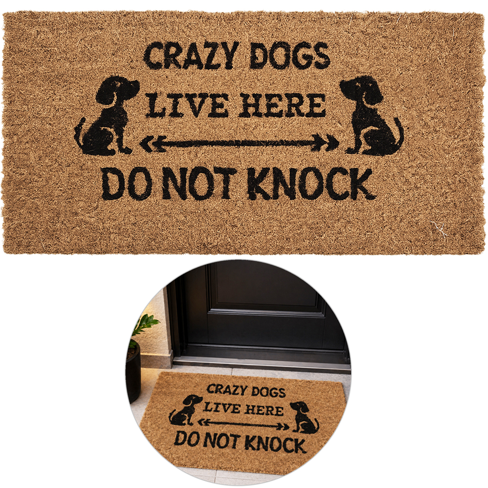 TAPETE CAPACHO DE PISO DE FIBRA RETANGULAR EMBORRACHADO SWEET HOME CRAZY DOGS LIVE HERE DO NOT KNOCK 60X33CM