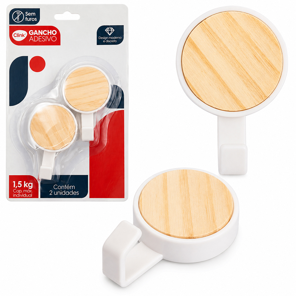 CABIDE GANCHO DE MADEIRA / PLASTICO REDONDO AUTOADESIVO COM 2 PECAS 6,5X4CM DE Ø
