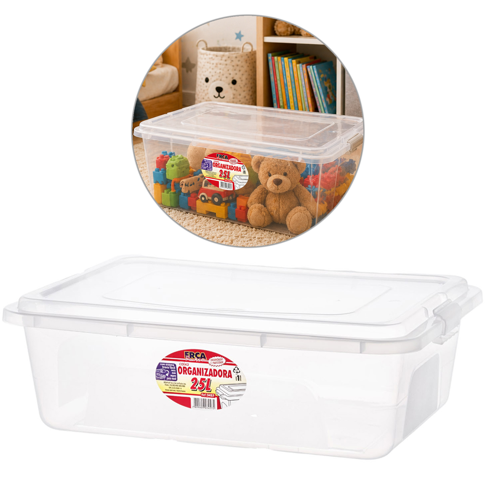 CAIXA ORGANIZADOR CONTAINER DE PLASTICO RETANGULAR TRANSPARENTE COM TAMPA + TRAVA E ALCA 25L 55X40X17,5CM