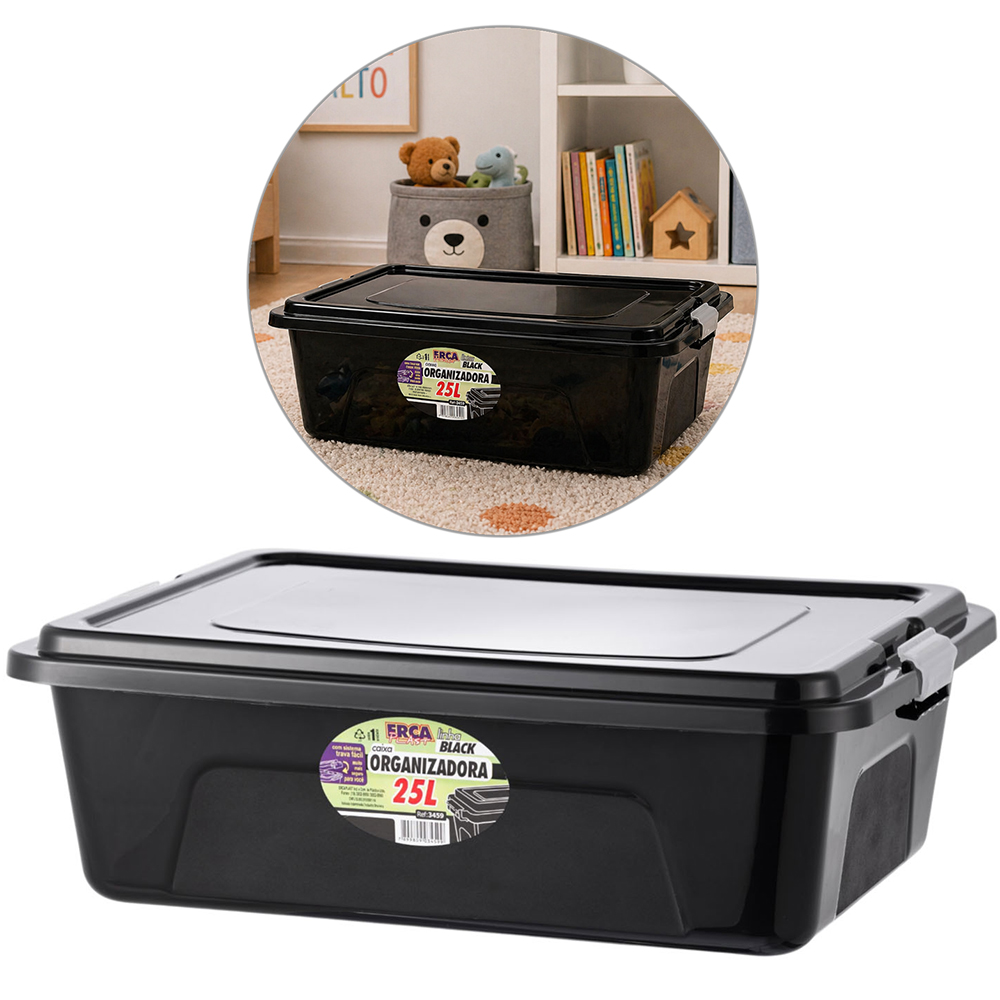 CAIXA ORGANIZADOR CONTAINER DE PLASTICO RETANGULAR BLACK COM TAMPA + TRAVA E ALCA 25L 55X40X17,5CM