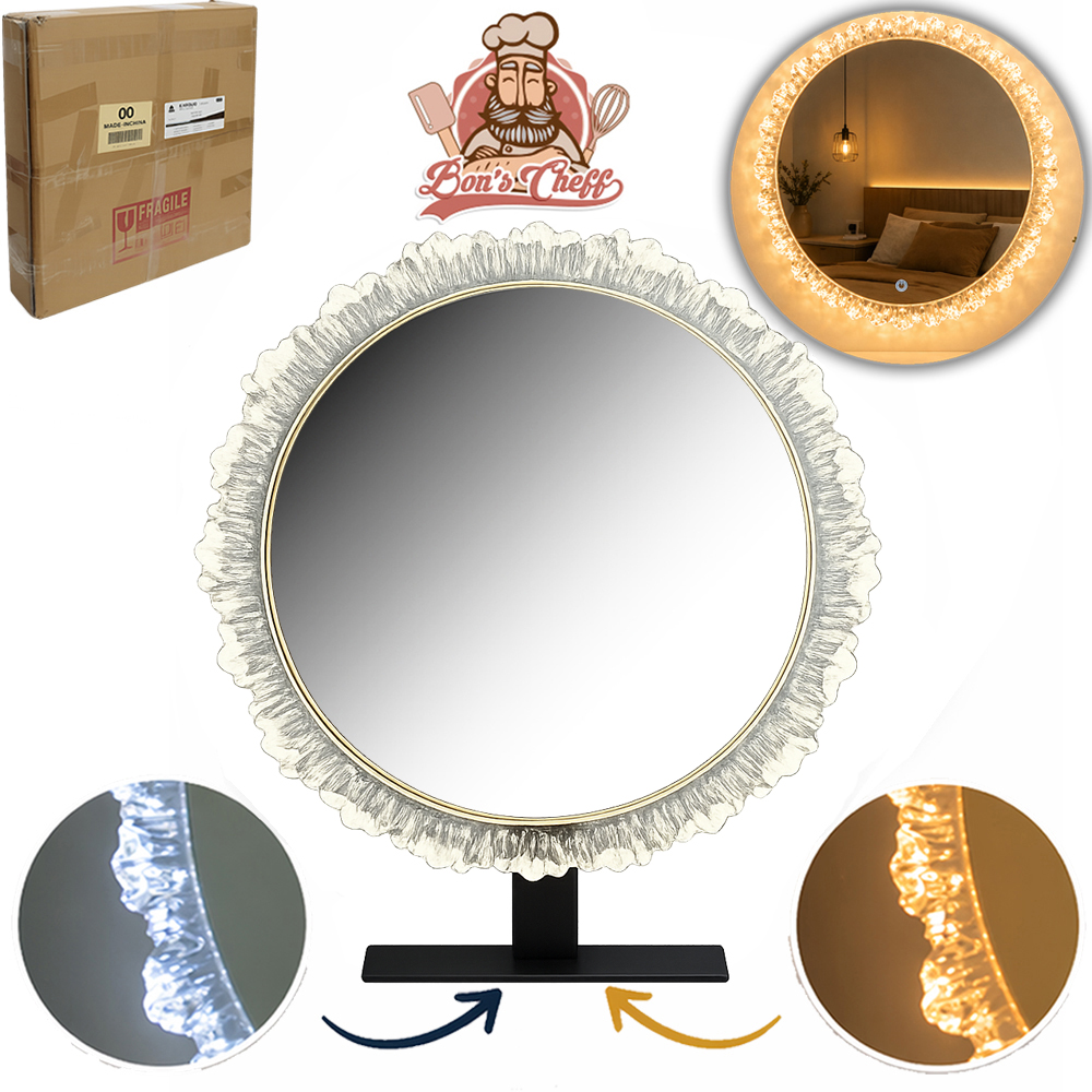 ESPELHO DE MESA / PAREDE REDONDO COM SENSOR TOUCH + BORDA ACRILICA DE LED BIVOLT 53X50CM DE Ø