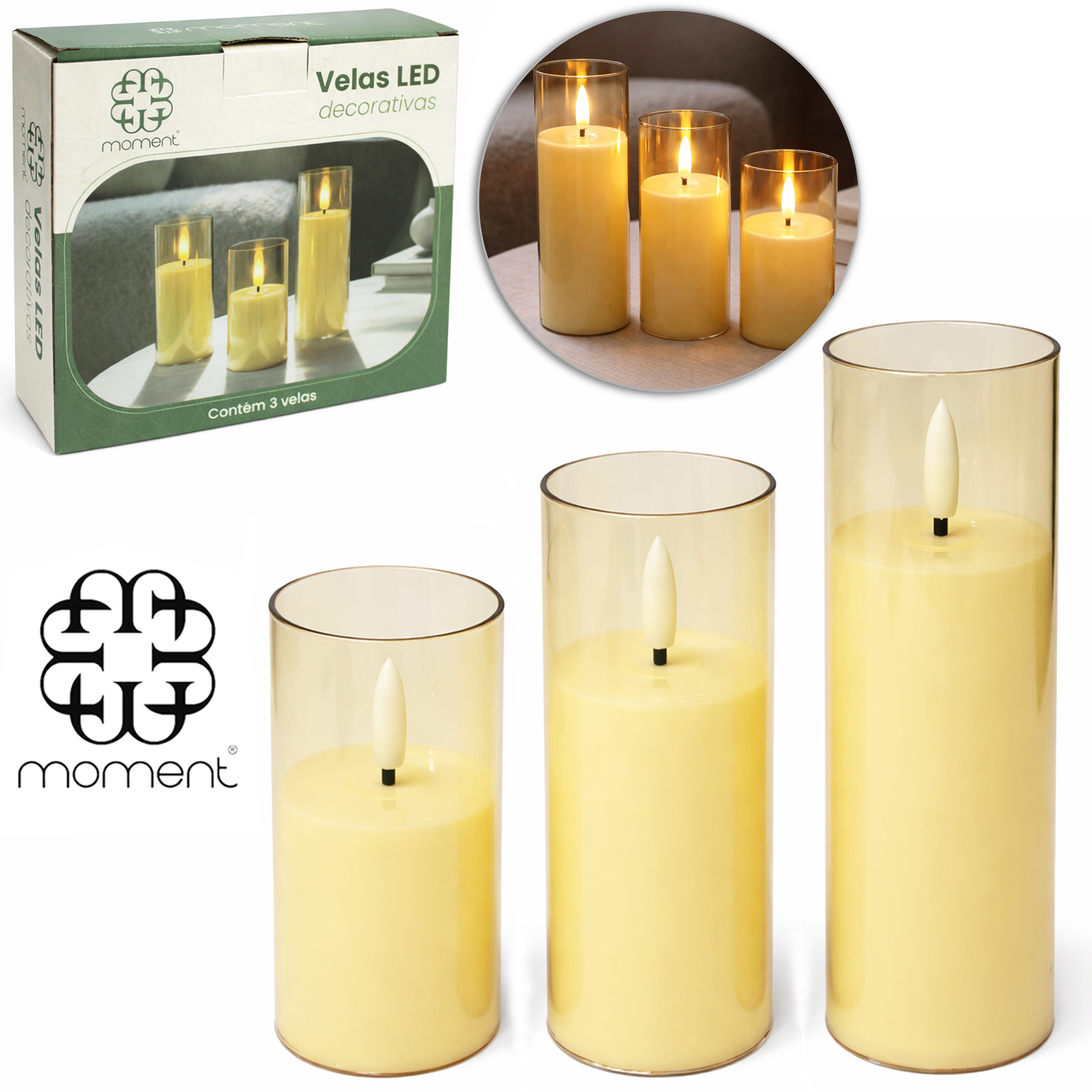 VELA DECORATIVA ELETRONICA DE LED COM CASTICAL DE ACRILICO A BATERIA MOMENT 3 PECAS PMG 10X5,2CM / 12,5X5,2CM / 15X5,2CM