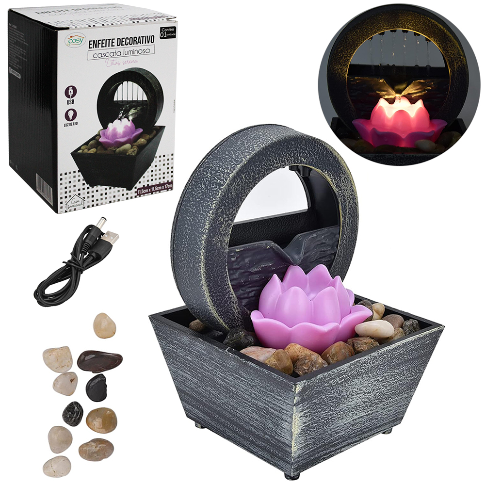 ENFEITE DECORATIVO CASCATA LUMINOSA LOTUS SERENA DE RESINA COM LED + USB 17X11,5X11,5CM