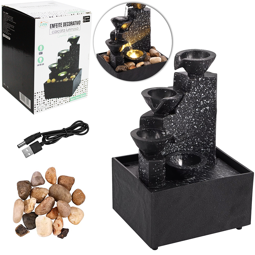 ENFEITE DECORATIVO CASCATA LUMINOSA ZEN DE RESINA COM LED + USB 16,5X11X9CM