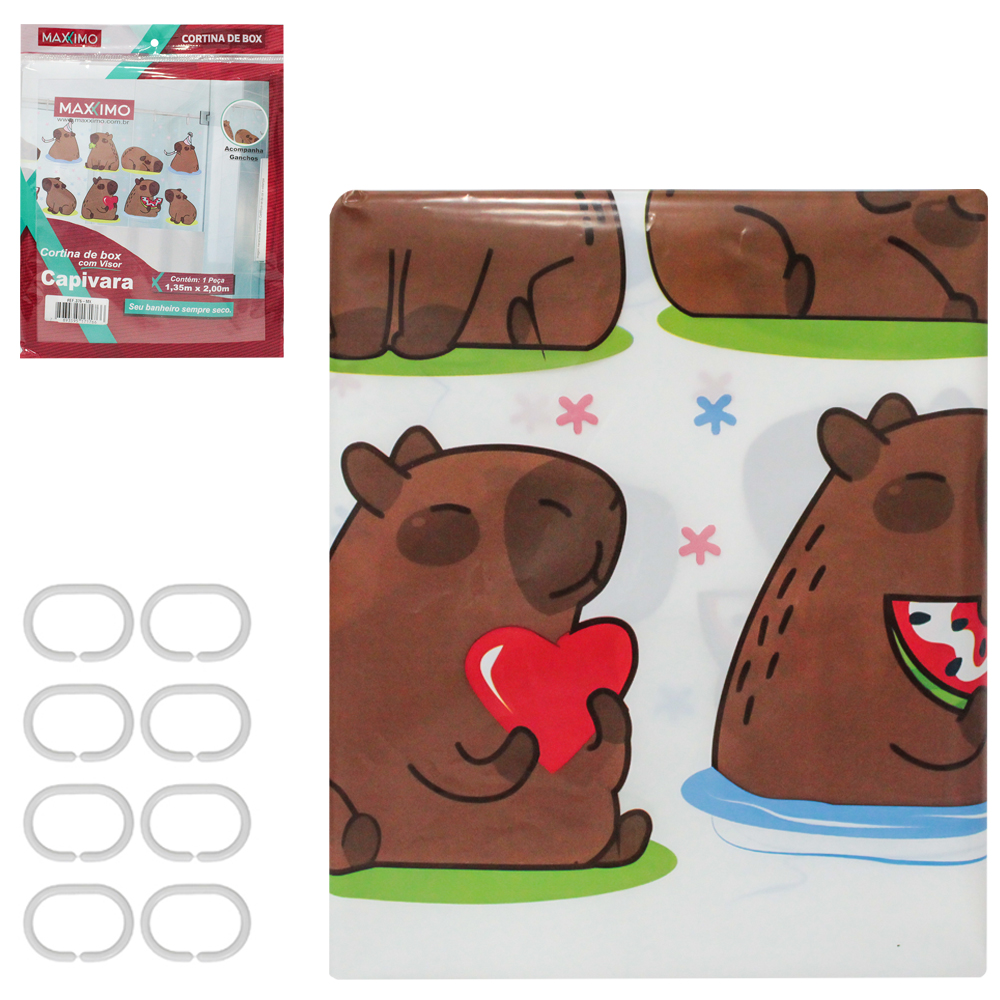 CORTINA DE BOX DE PLASTICO PE COM VISOR CAPIVARA + 7 GANCHOS 200X135CM