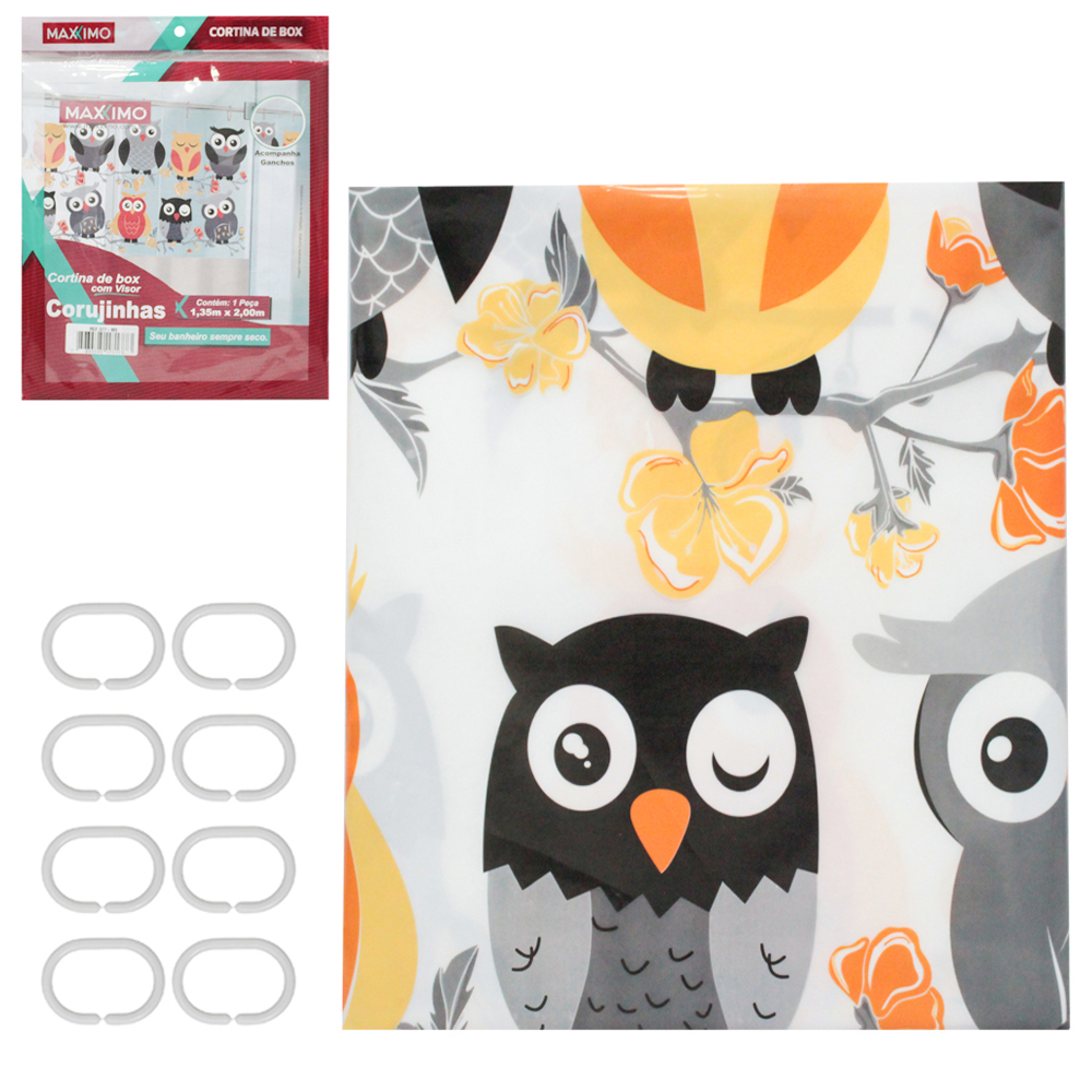 CORTINA DE BOX DE PLASTICO PE COM VISOR CORUJINHAS + 7 GANCHOS 200X135CM