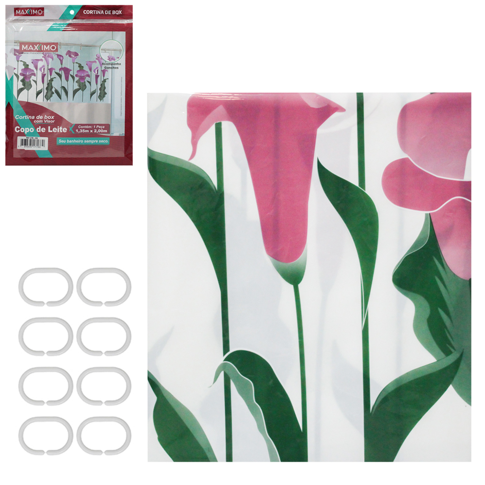 CORTINA DE BOX DE PLASTICO PE COM VISOR COPO DE LEITE + 7 GANCHOS 200X135CM