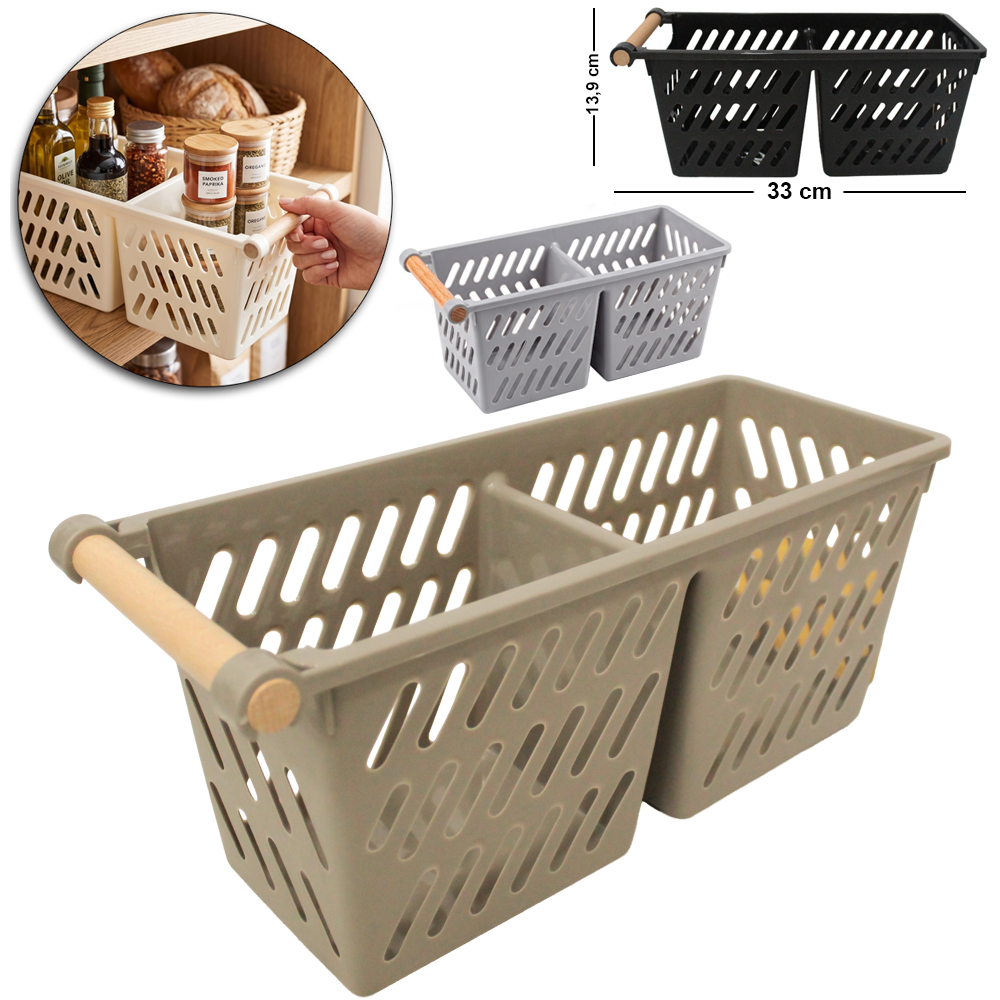 CESTO ORGANIZADOR DE PLASTICO RETANGULAR VAZADO COM 2 DIVISORIAS + ALCA MADEIRA MULTI-PURPOSE STORAGE BASKETS 33X13,9X13