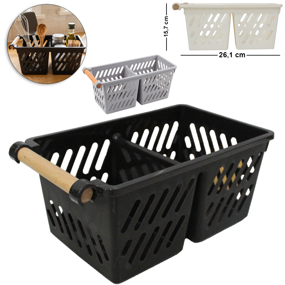 CESTO ORGANIZADOR DE PLASTICO RETANGULAR VAZADO 2 DIVISORIAS + ALCA MADEIRA MULTI-PURPOSE STORAGE BASKETS 26,1X15,7X11,4