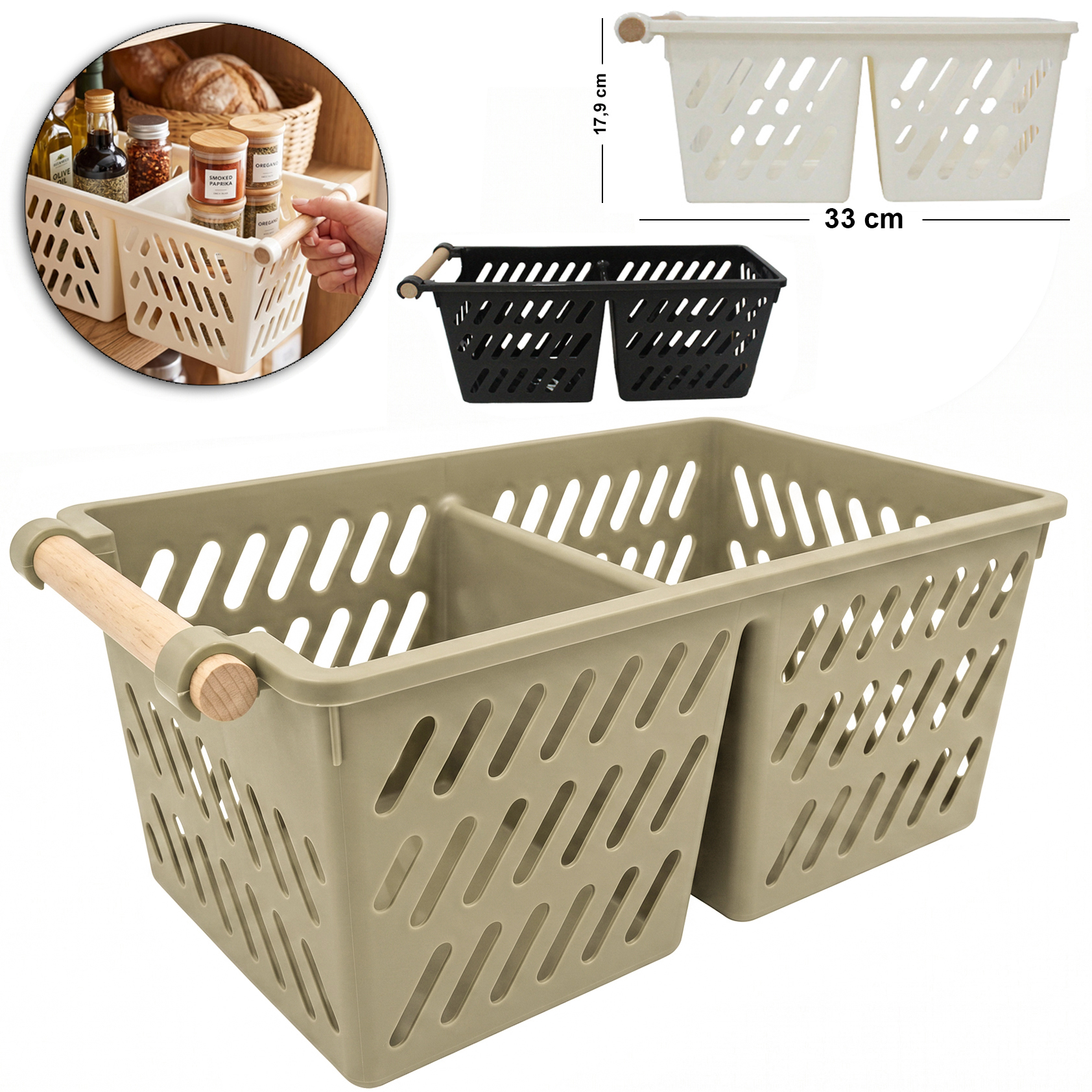 CESTO ORGANIZADOR DE PLASTICO RETANGULAR VAZADO 2 DIVISORIAS + ALCA MADEIRA MULTI-PURPOSE STORAGE BASKETS 33X17,9X13,9CM
