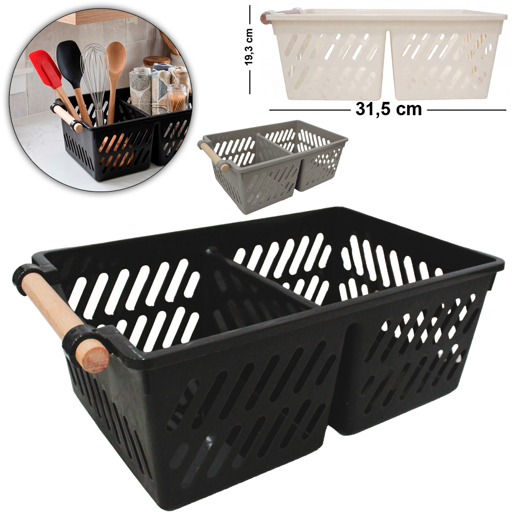 CESTO ORGANIZADOR DE PLASTICO RETANGULAR VAZADO 2 DIVISORIAS + ALCA MADEIRA MULTI-PURPOSE STORAGE BASKETS 31,5X19,3X11,5